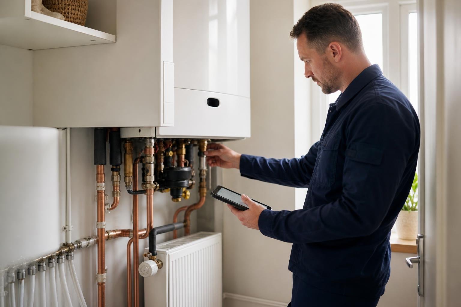 Technician checking a modern boiler in a tidy domestic utility room