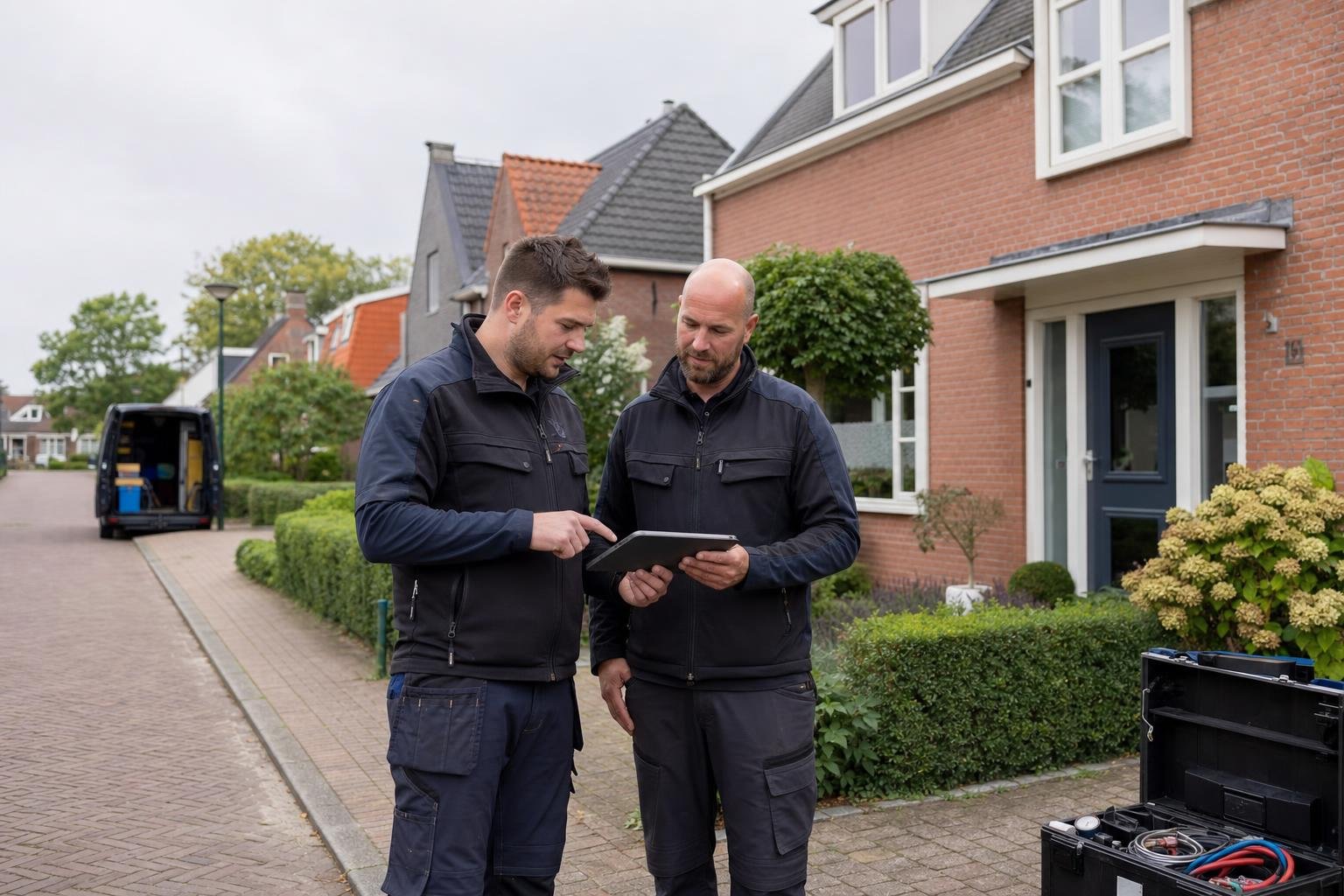Two technicians reviewing a heating plan outside a brick house in Tuitjenhorn