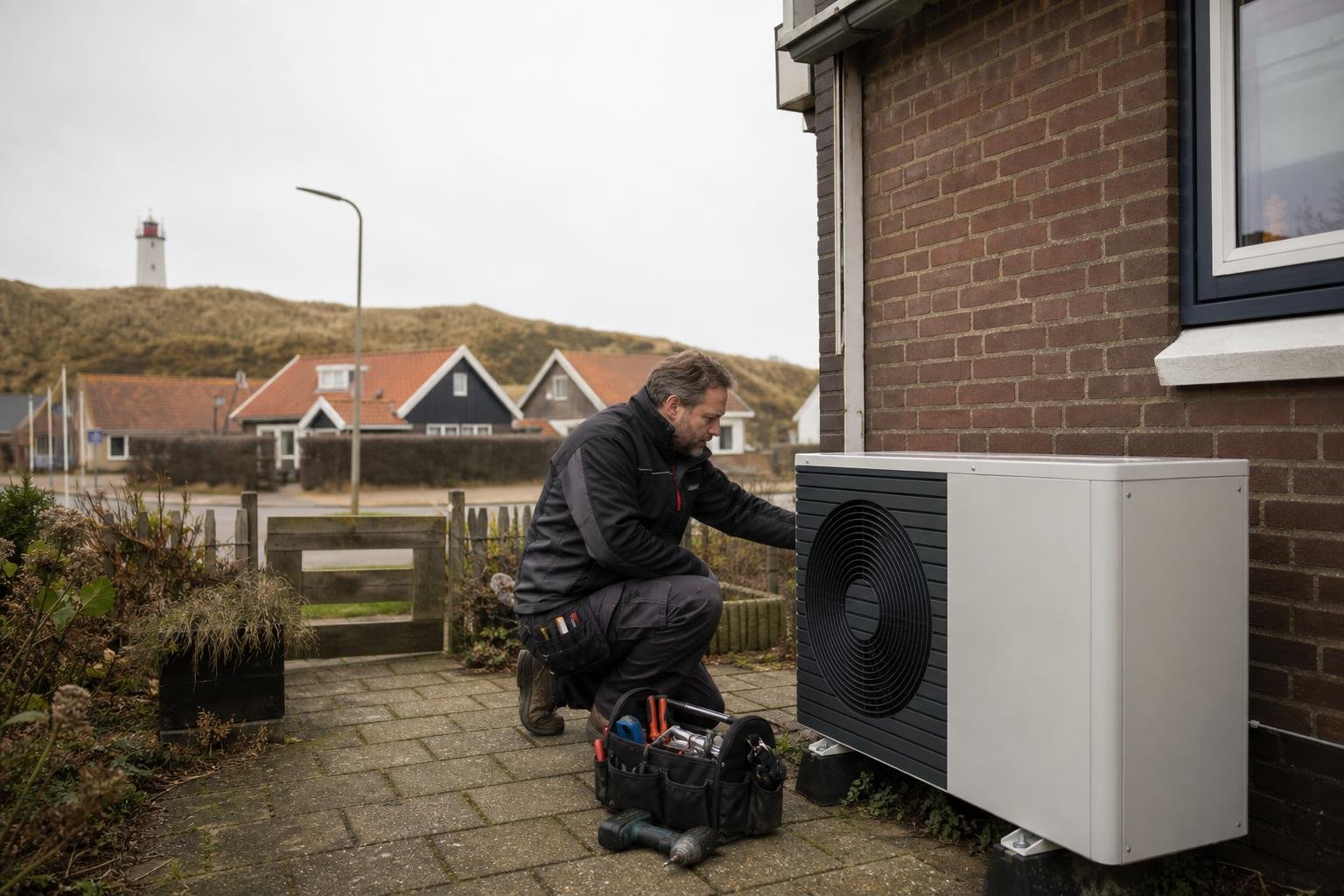 Technician inspecting an outdoor heat pump beside a home in Petten