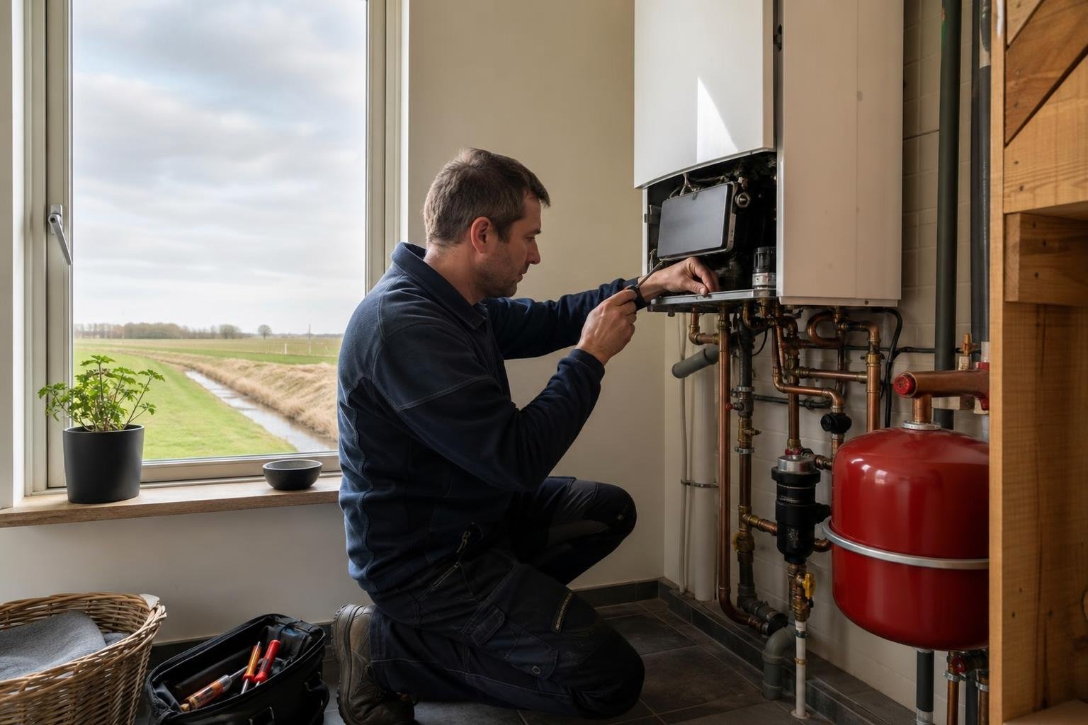 Heating engineer performing boiler maintenance in a rural-edge home in Waarland