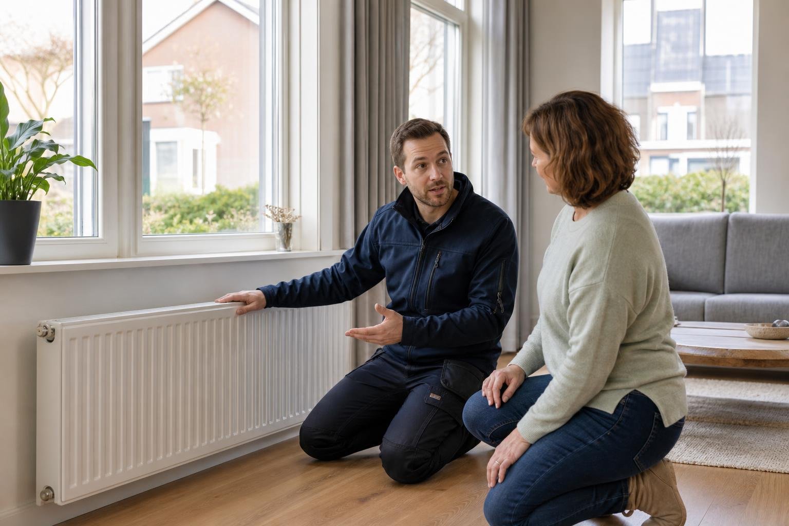 Technician discussing a radiator upgrade with a homeowner in Anna Paulowna